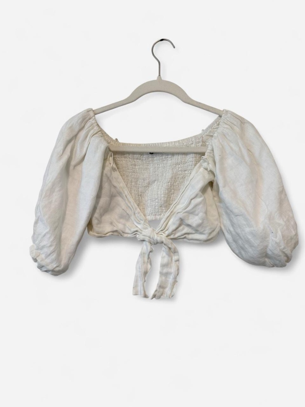 Zara Cream Tie-Front Puff Sleeve Crop Top
